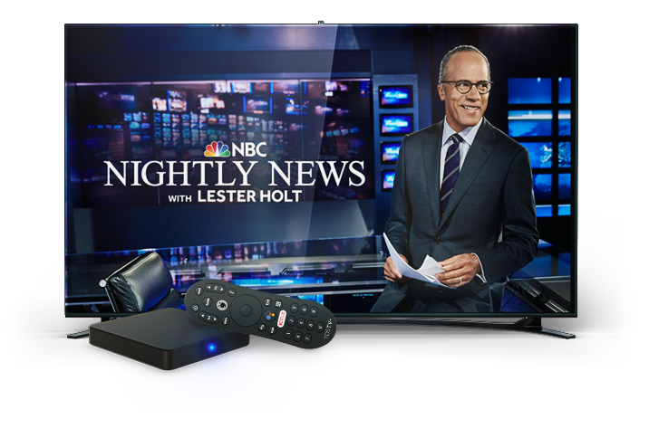 Television with Nightly News with Lester Holt showcased and Arris box and TDS TV+ remote to the left