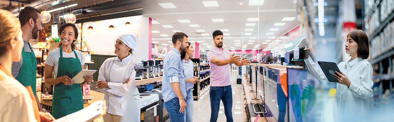 Various images of people in retail businesses