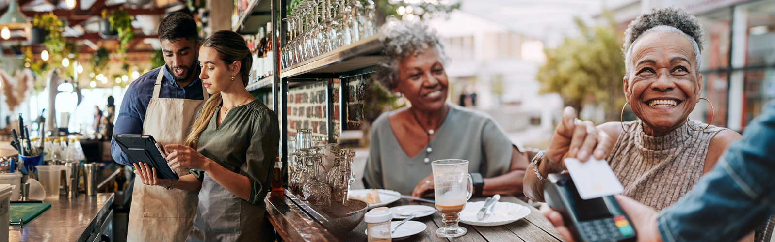 Various images of customers and workers in rthe restaurant industry