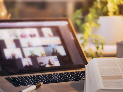 A computer online meeting bible study session