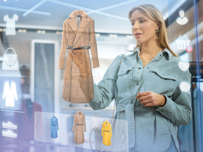 A woman looking at screens floating in her room showing different clothing options