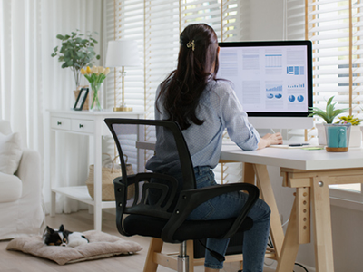 Woman sitting at her home office desk on her computer with her back to the camera. There is also a little dog sleeping in its dog bed.