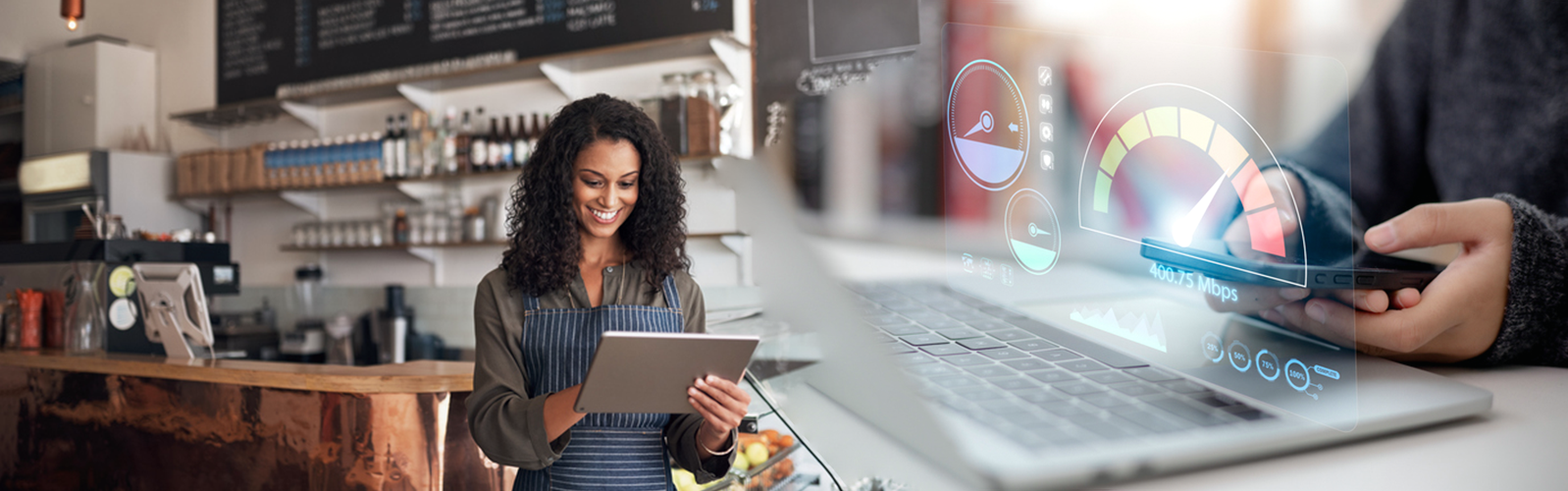 Graphic of internet speeds and a person working in a cafe with a tablet