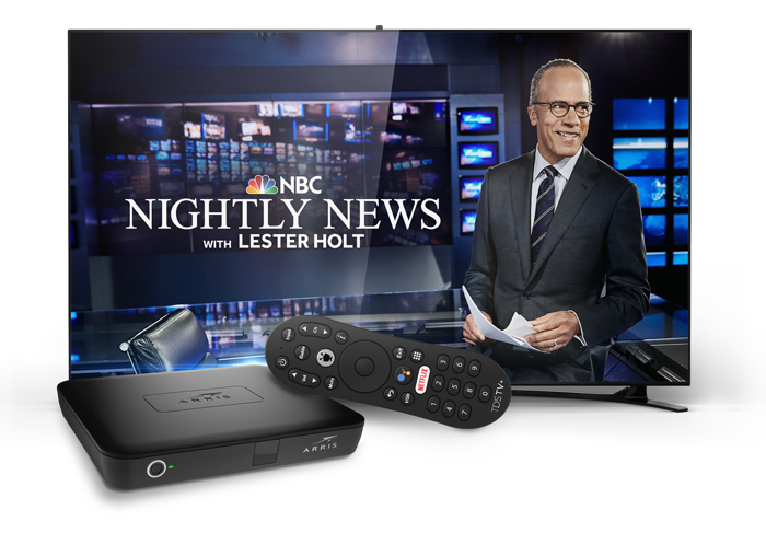Television with Nightly News with Lester Holt showcased and Arris box and TDS TV+ remote to the left