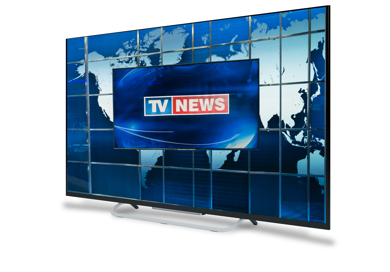 Television with graphic of the world map and TV NEWS in the middle